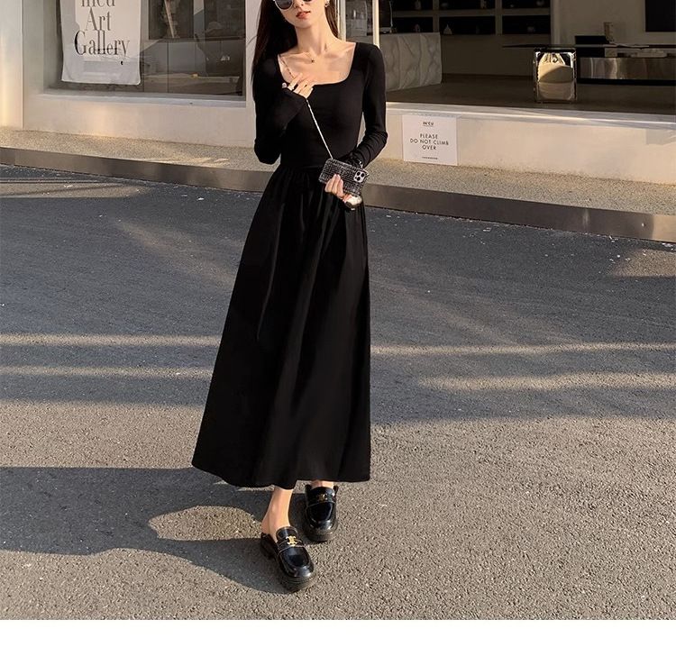 Quadratischer Ausschnitt im französischen Stil für Damen, Frühling und Herbst, neues elegantes, taillenbetontes, schlankmachendes Ärmelkleid in Schwarz mit A-Linie_voghion.com