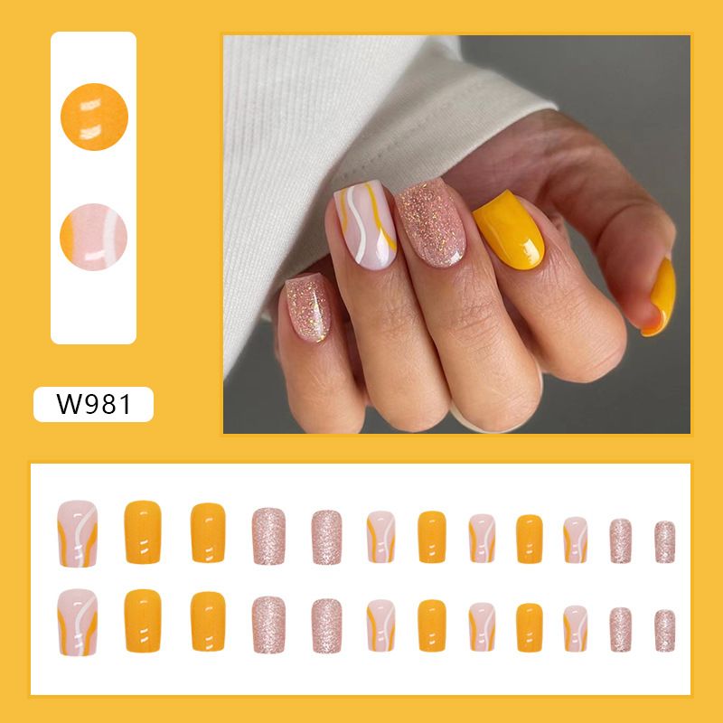 Flash Stripe Vitality Orange Square Medium And Long Nail Art Ins Style Nail Finished Nail Piece_voghion.com