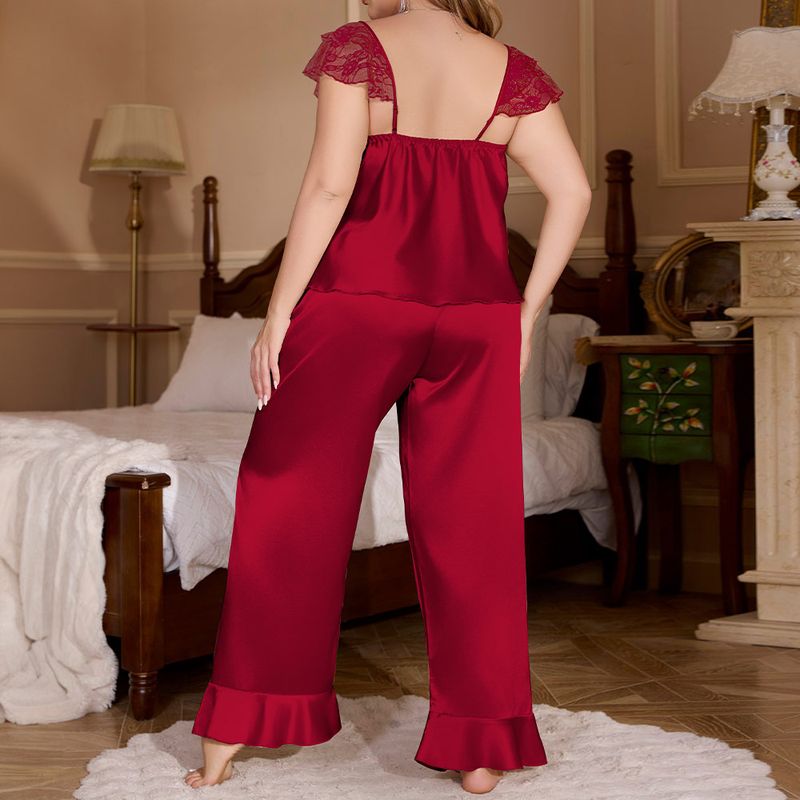 Large Size Ice Silk Pajamas Women's Multi-colored Lace Sexy Short-sleeved Trousers Loungewear Set_voghion.com