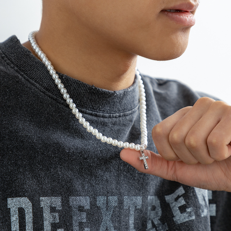 Hip hop diamantbesat perlekryds halskæde, trendy og personlig high-end vedhæng, herresmykker_voghion.com