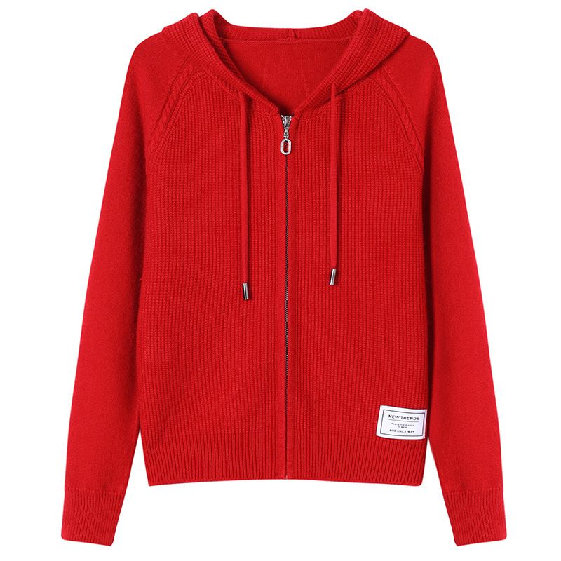 Cardigan in maglia con cappuccio e cerniera da donna - Maglione pullover in tinta unita con coulisse per autunno e inverno_voghion.com