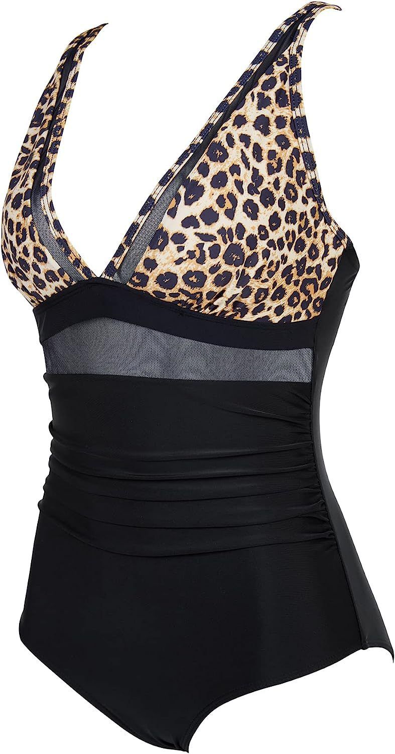 Einteiliger Badeanzug für Damen mit sexy, ausgehöhltem Netzstoff, tiefem V-Ausschnitt und geraffter Perspektive_voghion.com