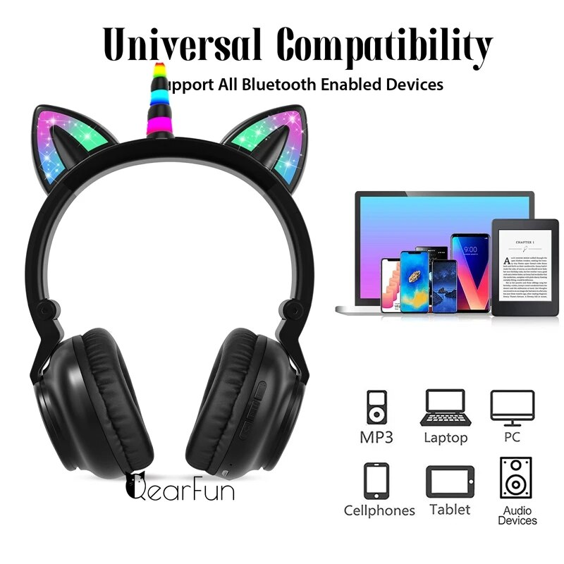 Cuffie wireless HiFi per ragazze con unicorno, microfono, stereo, bassi carini, musica per bambini, supporto per cuffie Bluetooth a forma di gatto_voghion.com