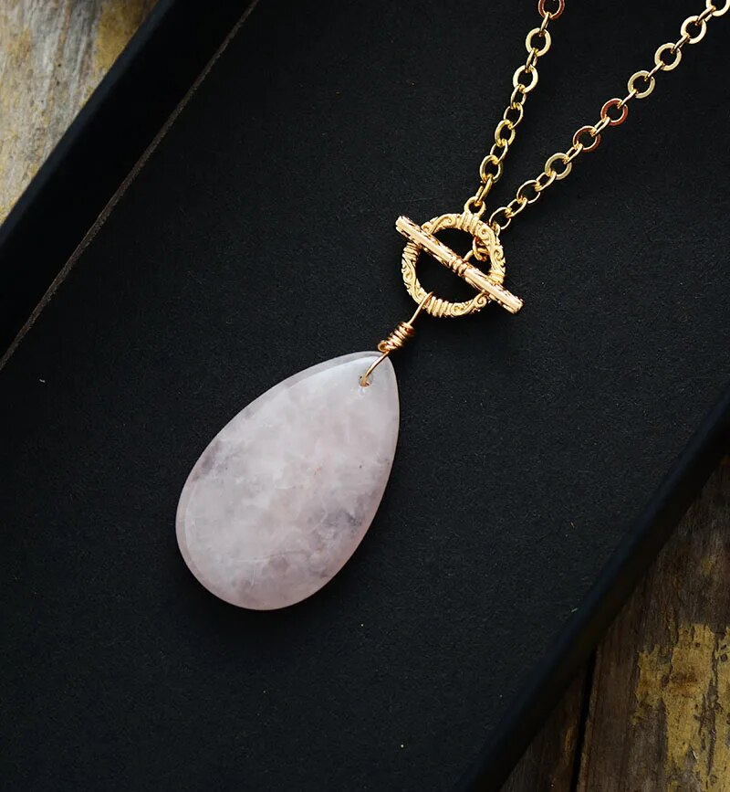 Classic Rose Quartz Teardrop Pendant Lariat Gold Plated Chain Healing Stone Necklace Elegant Jewelry Wholesale Dropshipping_voghion.com