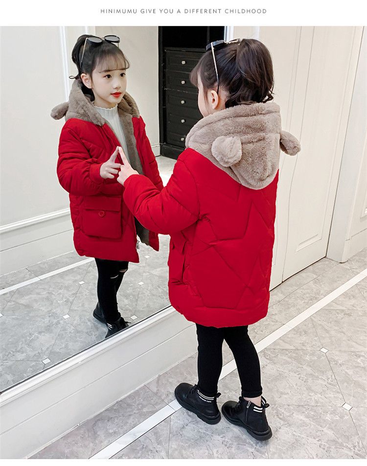 Winter New Style Girls Cotton Coat Korean Style Medium And Large Children's Children's Thickened Velvet Hooded Medium And Long Warm Cotton Coat_voghion.com