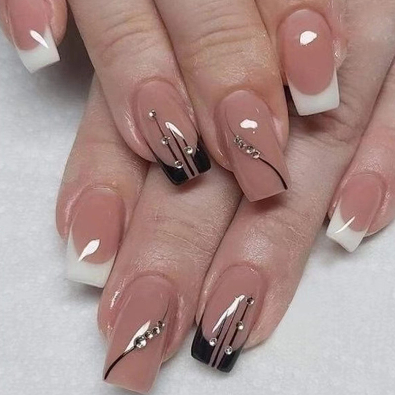 24 pezzi di chiodi quadrati a testa fissati con unghie finte francesi lunghe con perla bianca, semplice copertura completa, stampa sulle unghie finite_voghion.com