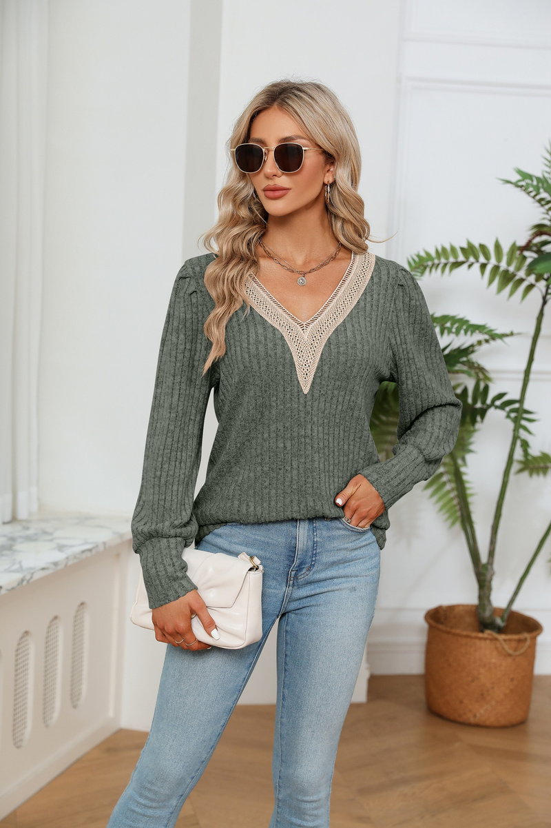 Damenbekleidung, Damen-T-Shirt mit V-Ausschnitt, Spitze, lockerer Grubenstreifen, gebürstet, lockeres Langarm-T-Shirt_voghion.com