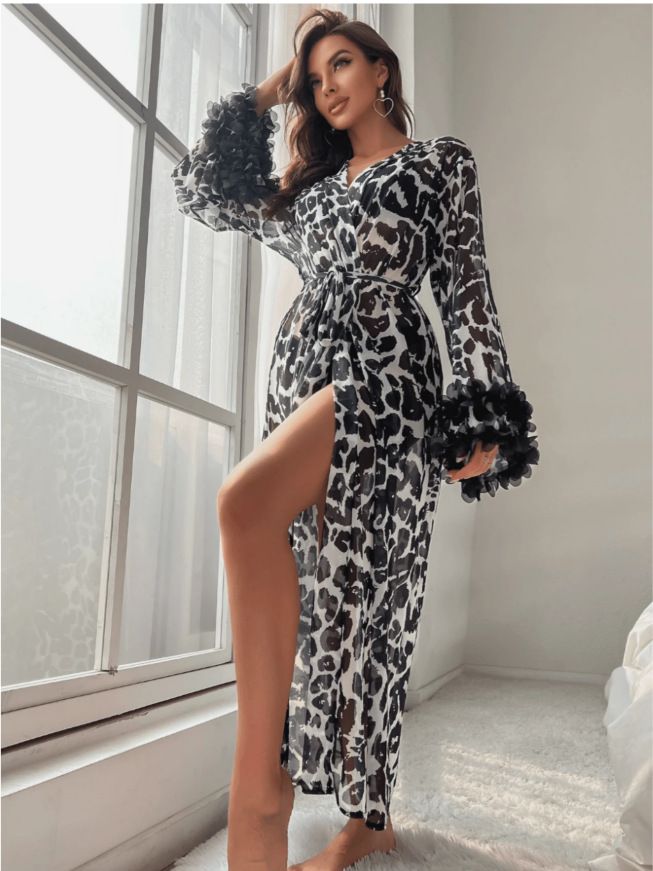 Yeni Seksi İnce Şeffaf Leopar Desenli Kloş Kollu Bornoz İç Çamaşırı Takımı_voghion.com