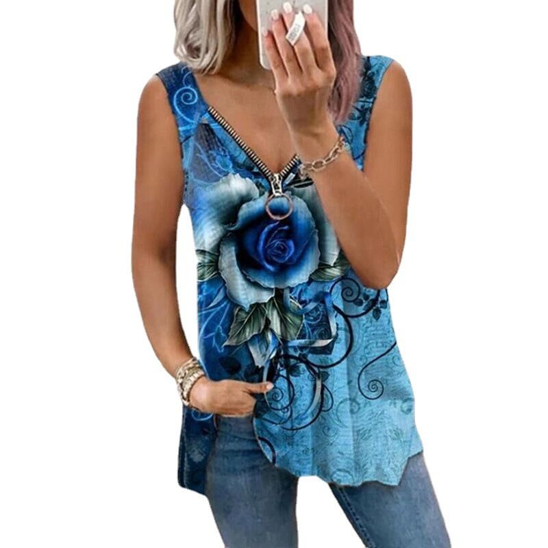 Canotte T-shirt casual da donna con scollo a V e cerniera con stampa rosa_voghion.com