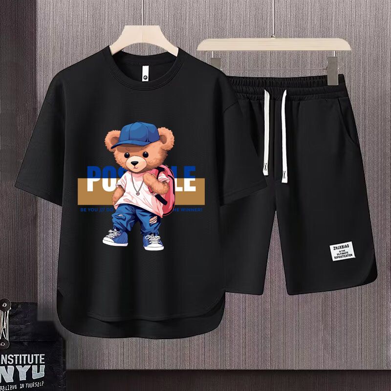Men's Clothing 2024 Waffle Casual Summer Suit Men's Loose Teen Short sleeved T shirt Shorts Handsome Two piece Suit_voghion.com
