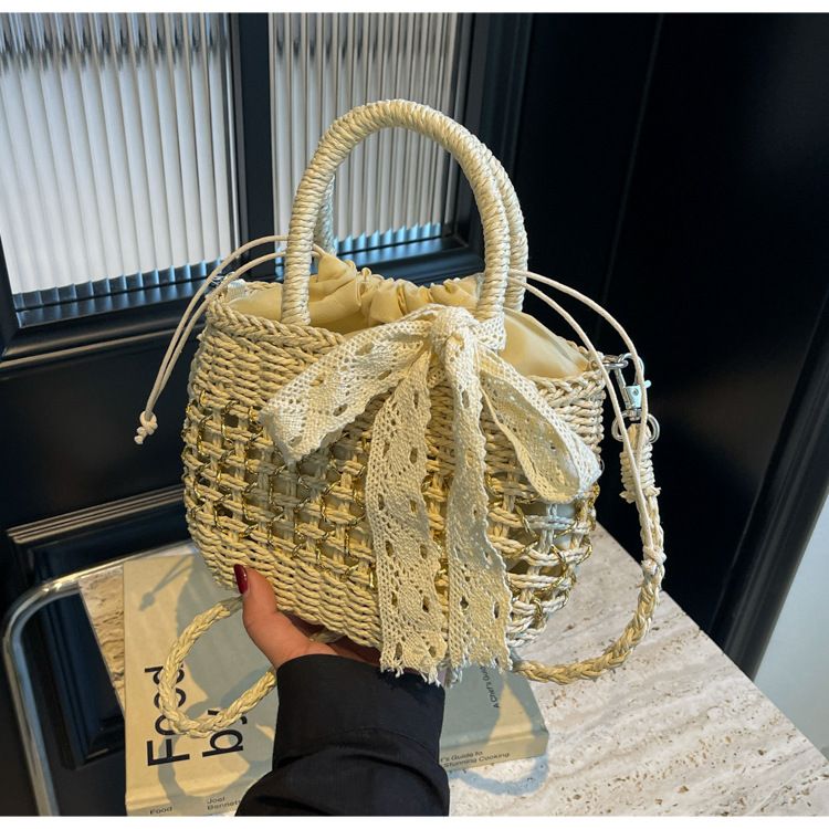 Straw Bag Woven Bag Mori Straw Bag Female Crossbody Beach Holiday Beach Bag Portable Bucket Bag_voghion.com