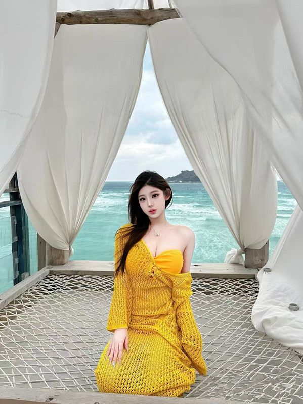 Strandurlaub Bikini Cover-Up Hohl Häkeln Strickkleid Langarm_voghion.com