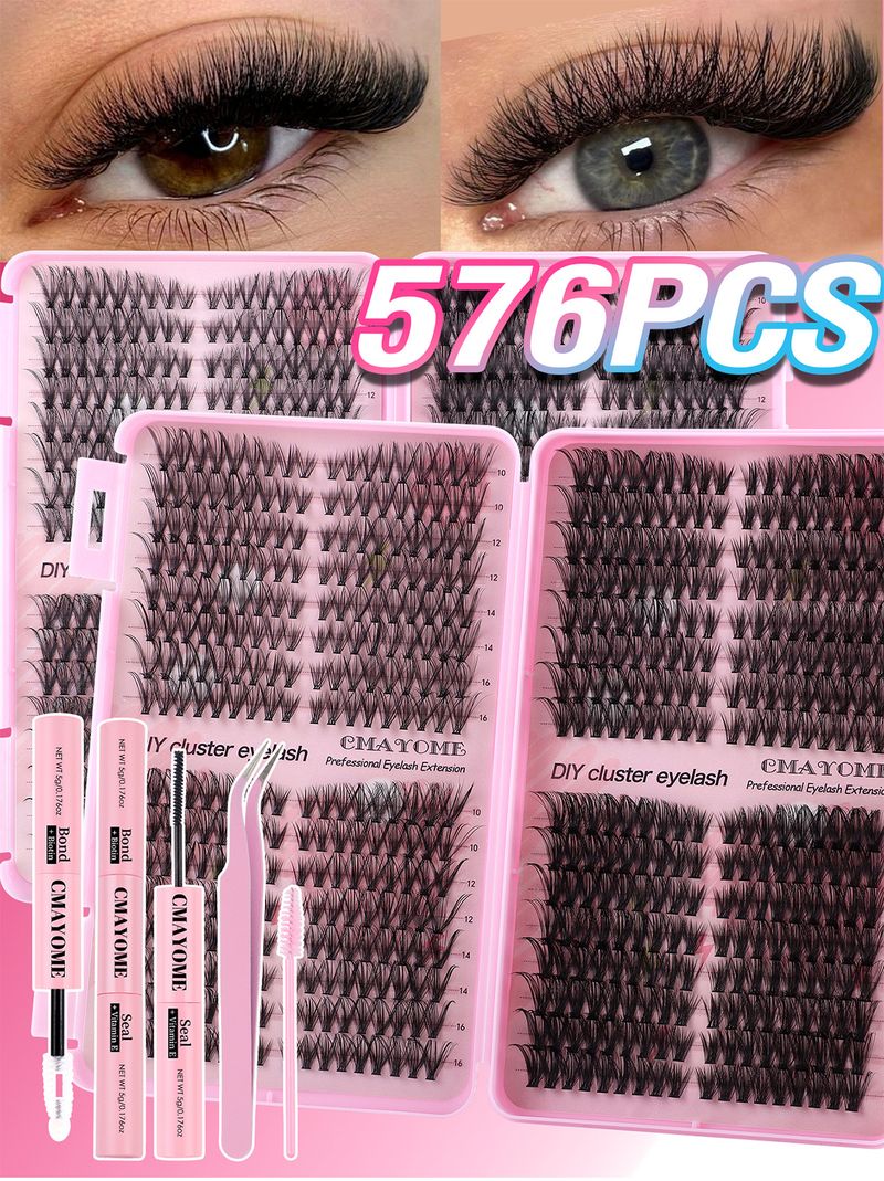 DIY-Set für falsche Wimpern mit 576 Clustern, 10–16 mm natürliches Volumen, D-Curl, flauschige und tierversuchsfreie Einzelwimpern zum einfachen Selbstanbringen_voghion.com
