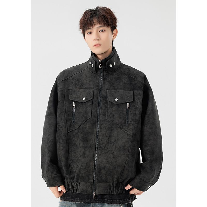 Sonderausgabe P95 Kein Preisunterschied Hübscher Cleanfit Normale Schulter Batik-PU-Lockerjacke Ledermantel für Herren_voghion.com