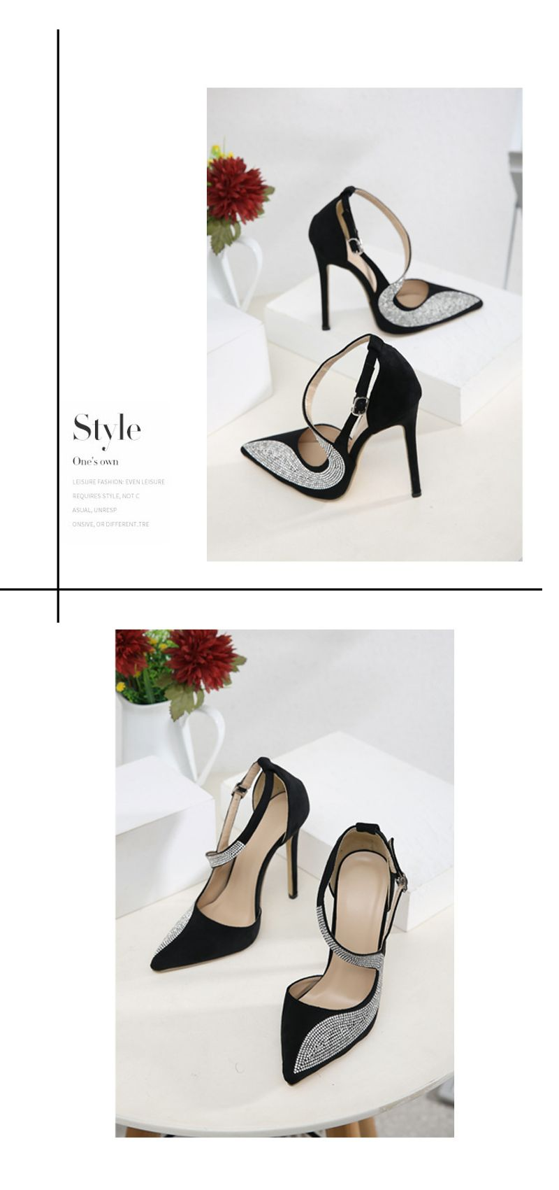 P9shoes Fashion Color Matching Shallow Mouth Single Shoes Women's Rhinestone Stiletto Pointed Black European And_voghion.com