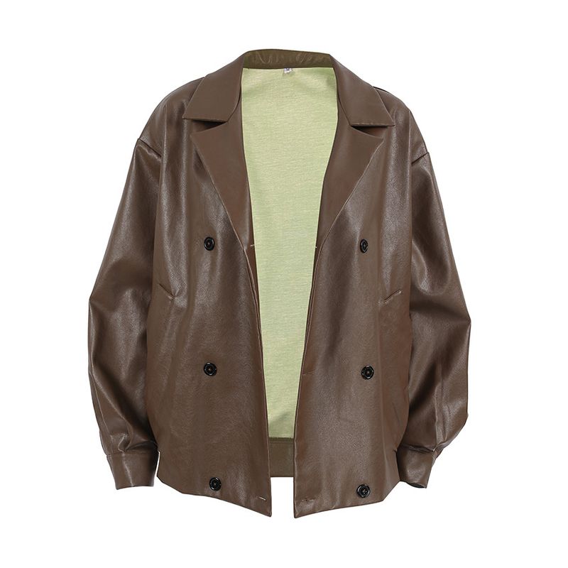 Giacca in pelle marrone vintage da donna - Cappotto in PU con risvolto oversize, capospalla invernale retrò chic_voghion.com