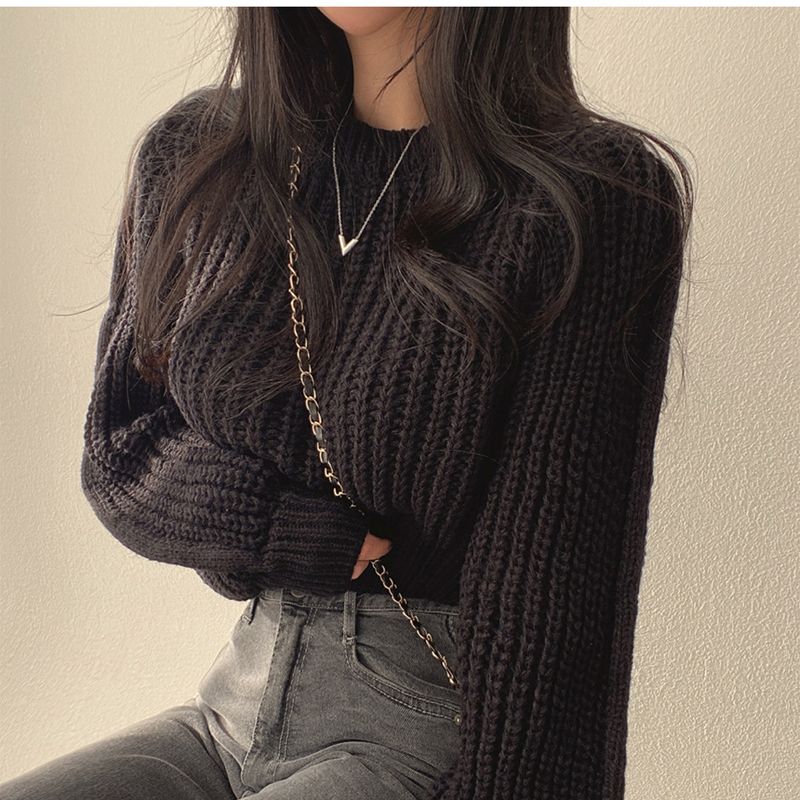 Koreaanse stijl Ins Fashion Dames Cropped Trui Casual Losse Pasvorm Ronde Hals Trui Gebreide Top_voghion.com