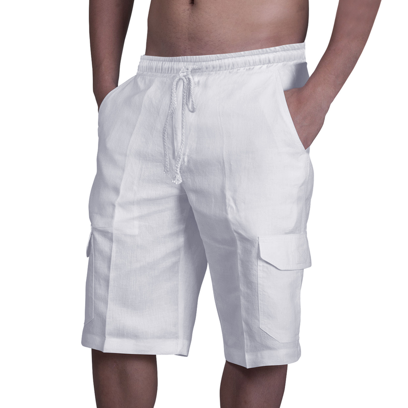 2022 nuovi pantaloncini di lino multitasche con lacci pantaloni da lavoro da spiaggia da uomo_voghion.com
