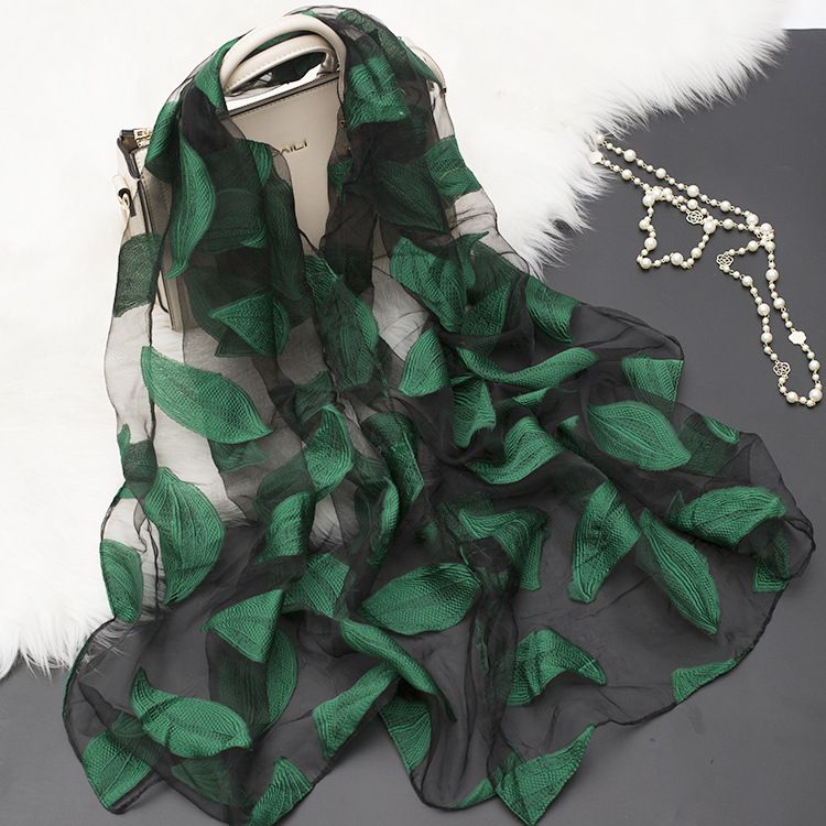 2024 Spring Summer Korean Version Organza Cut Flower Women Cotton Linen Lace Splicing Leaf Pattern Silk Scarf Shawl_voghion.com