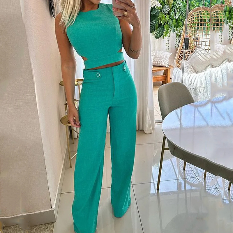 Kadın moda rahat ince mizaç düz renk düğmeli takım elbise pantolonu_voghion.com