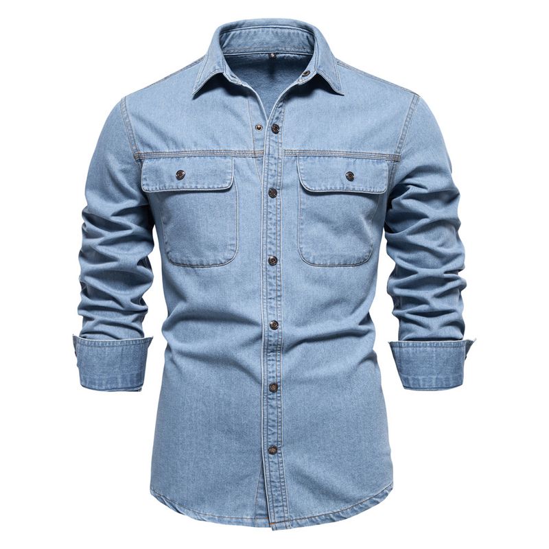Camicia casual a maniche lunghe in cotone da uomo in denim lavato di alta qualità, autunno 2024_voghion.com