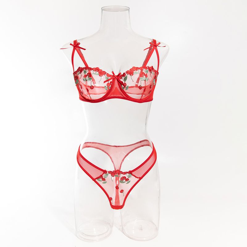 Completo reggiseno in rete trasparente ricamato in stile francese con dettagli a fiocco - Lingerie 2 pezzi_voghion.com