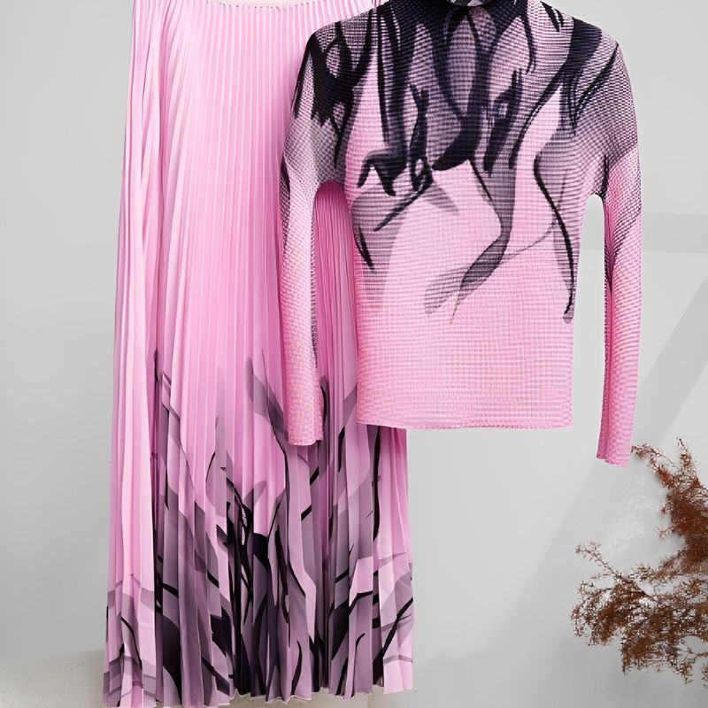 Ensemble élégant avec robe plissée et motif ondulé - Tenue deux pièces élégante pour femme, tenue de bureau et tenue décontractée_voghion.com