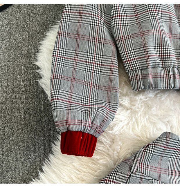 Kadınlar İçin Vintage Ekose Blazer ve Pileli Etek Takımı - Kırmızı ve Siyah Kışlık Rahat İki Parçalı Kıyafet_voghion.com