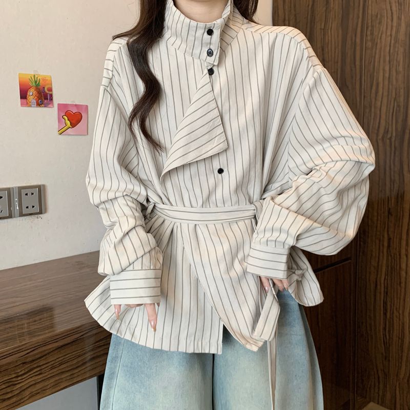 Irregular Long Sleeve Striped Turtleneck Shirt For Women, Autumn And Winter, Plus Size, Designed To Slim_voghion.com