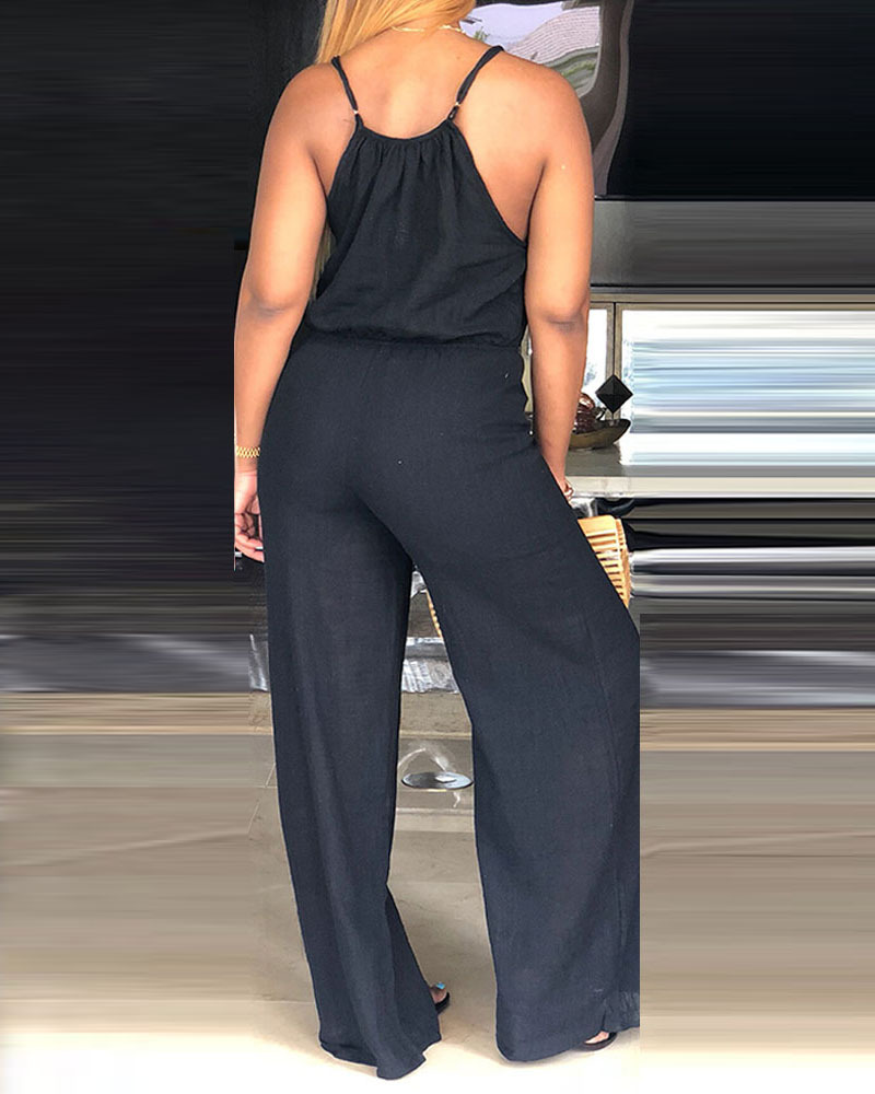 Tuta casual da donna senza maniche in cotone e lino tinta unita con coulisse_voghion.com