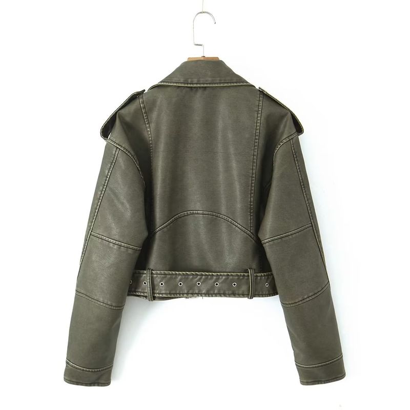 Giacca in similpelle vintage da donna – Cappotto oversize in PU con effetto slavato, stile biker streetwear con cerniera (grigio/verde militare/nero, S-L)_voghion.com
