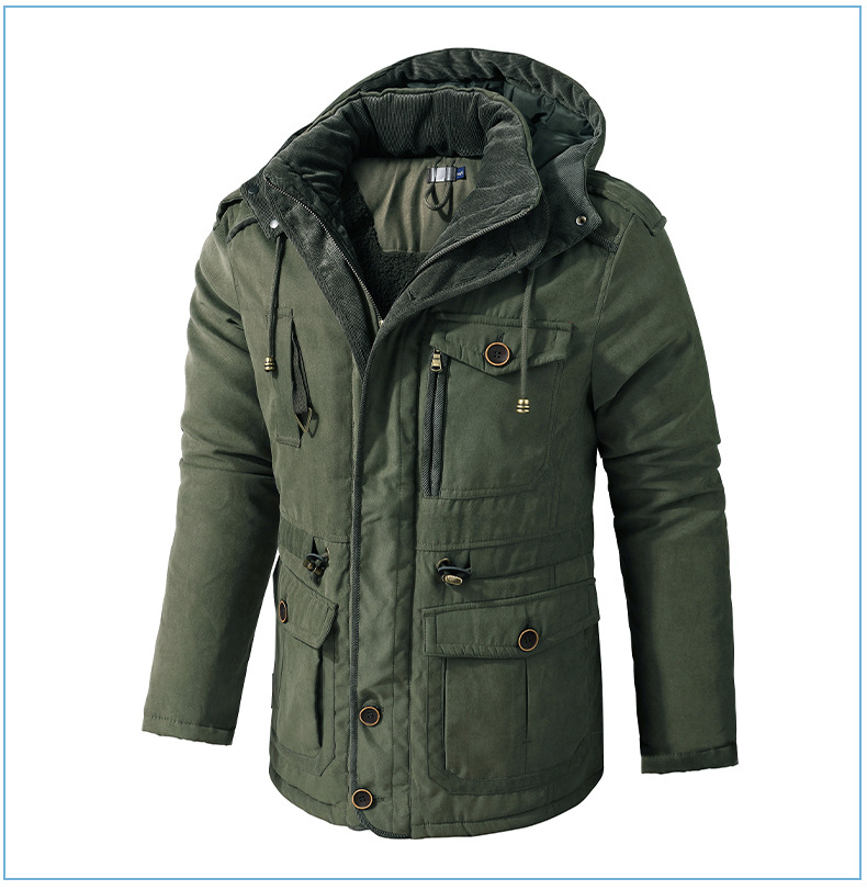 Men's Plus Size Shearling Hooded Cotton Jacket Thickened Multi-Pocket Cotton Top Casual Mid-Length Coat_voghion.com