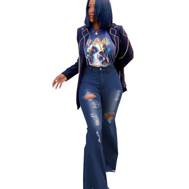 Modische Damenbekleidung mit weitem Bein, ausgewaschener, zerrissener Denim-Stretch-Schlaghose_voghion.com