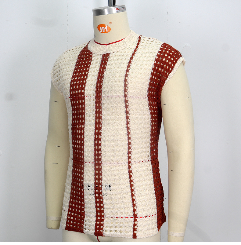 T-shirt lavorata a maglia cava a righe con canotta in maglieria da uomo estiva dei nuovi uomini SY0210_voghion.com