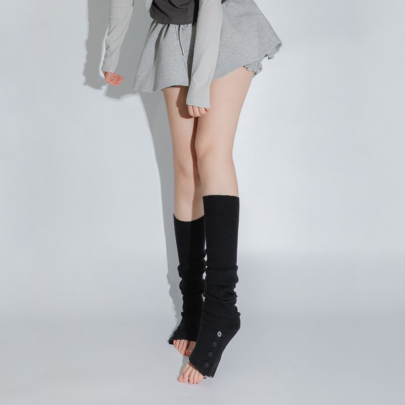 Rodilleras largas de punto elástico de color liso estilo ballet Miu, calentadores de piernas cálidos con botones y aberturas, calcetines holgados y usables_voghion.com