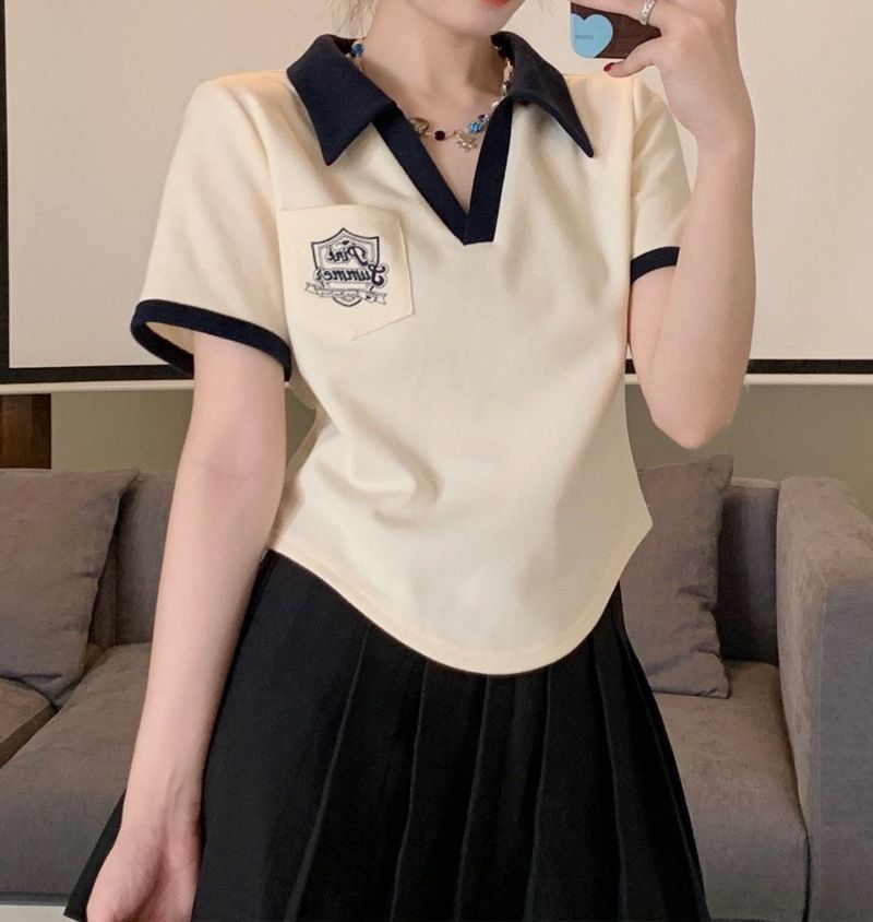 Ženska poletna majica s kontrastnimi rokavi in polo ovratnikom, ohlapna kroja, nišna in elegantna kratka majica_voghion.com