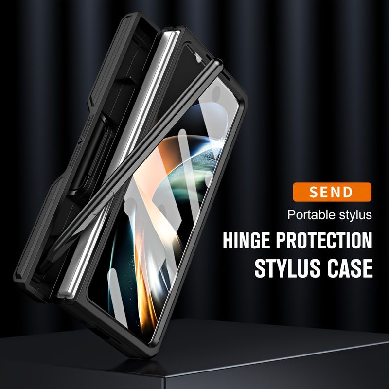 For Z fold5 Hinged Pen Case Stand Phone Case Galaxy Z Fold 5 Lens Push Window Folding Full Coverage Drop-Resistant Hard Case Protective Case with Pen_voghion.com