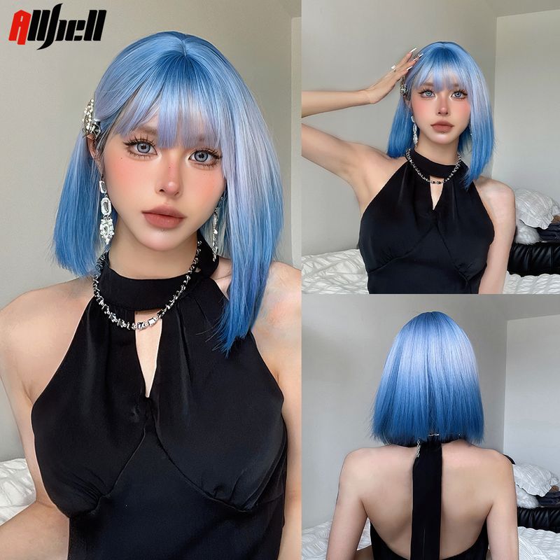vendita calda vino rosso bob capelli cosplay halloween parrucche naturali sintetiche per le donne parrucca corta diritta con frangia ad alta temperatura_voghion.com