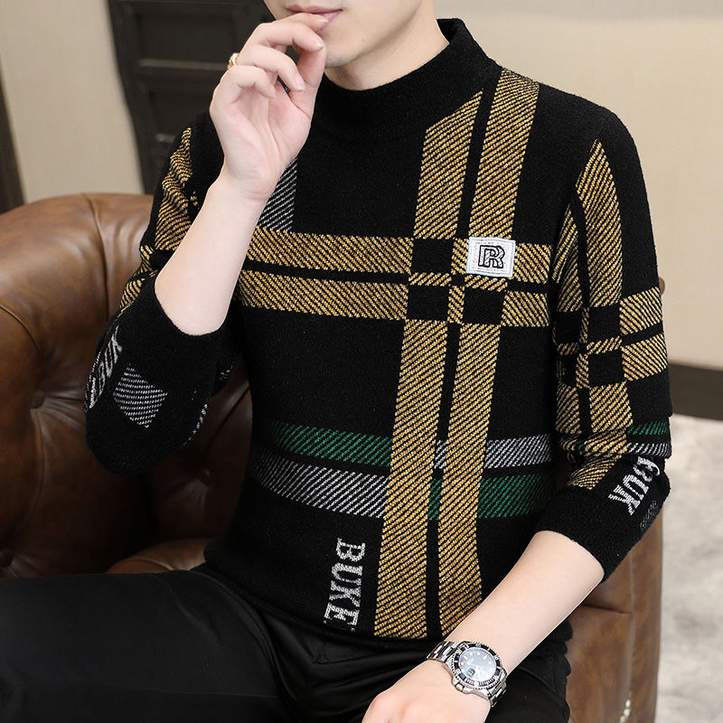 Mid neck sweater for men in autumn and winter, half high neck bottom shirt, striped jacquard high-end knitwear, new_voghion.com