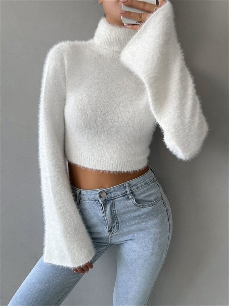 Women's Clothing Trendy Cropped Fuzzy High Neck Sweater For Women - Soft & Warm Winter Pullover, Streetwear Chic, White/Black, S/M/L_voghion.com