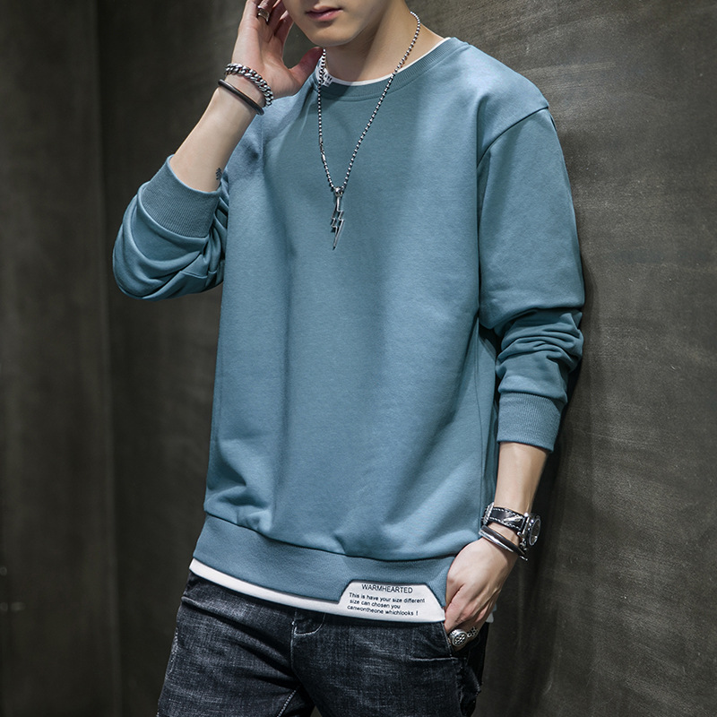 Men's round neck hoodie autumn and winter new Korean style trend fake two-piece top with torn hole print bottom for_voghion.com