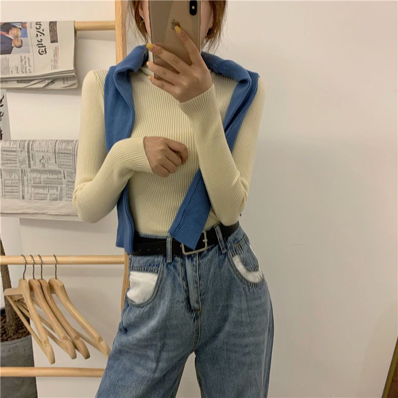 Maglione a collo alto da donna, a maniche lunghe, lavorato a maglia, 2025, autunno inverno, vestibilità slim, tinta unita_voghion.com
