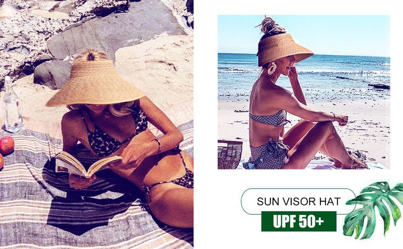 FURTALK Women's Sunshade Wide Edge UV Protection Hat Straw Rolled Up Summer Beach Foldable UPF Hat_voghion.com