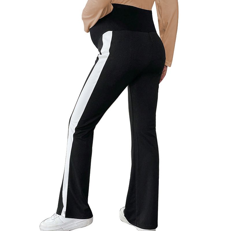 Passende Umstandshose mit weitem Bein in Schwarz, farblich passender Schlitz, Bauchstütze, hohe Taille, lässige, schmal geschnittene Umstandshose mit Schlag, Umstandsmode_voghion.com