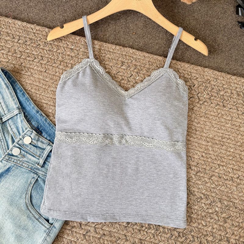 Pure Desire Lace Trim Camisole For Wome, Frech Style With Chest Pads, Fixed Cup, Sweet Ier Wear, Slimmig Top,_voghion.com