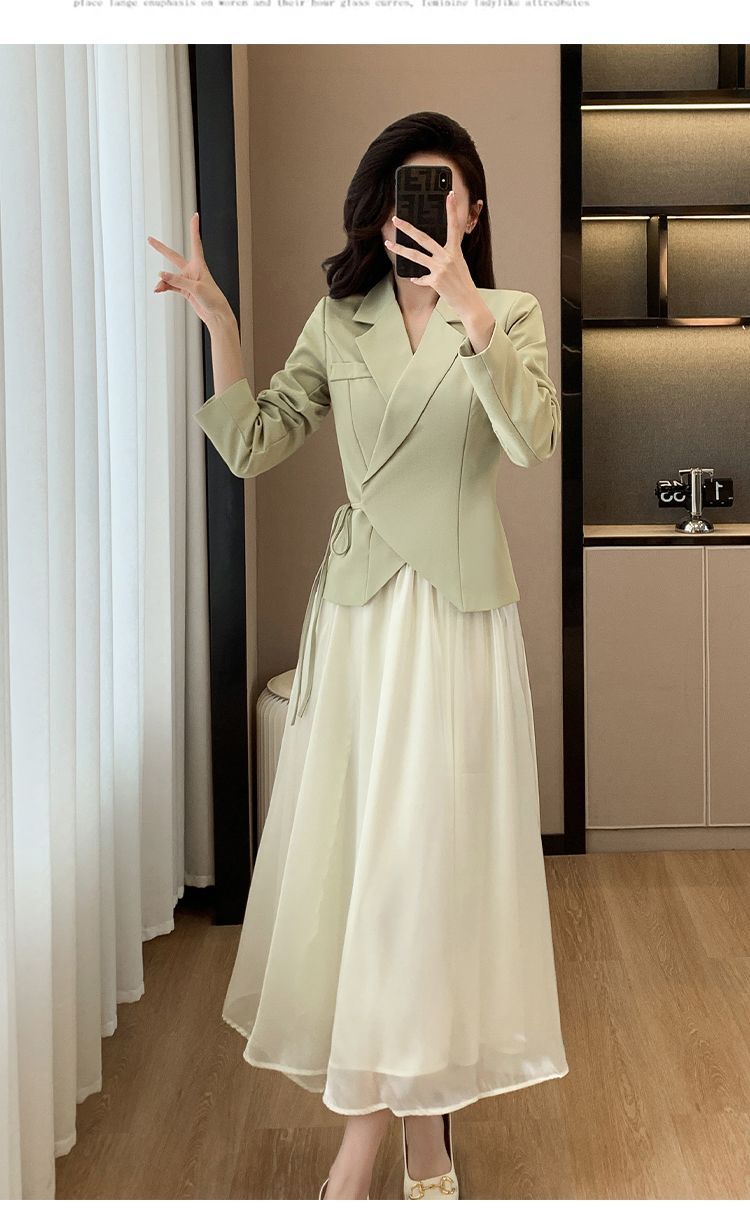 Bu Yılın İlkbahar Modası Yarım Etek + İki Parçalı Takım Zarif Tanrıça Tarzı Lüks Yeşil Blazer Takım_voghion.com