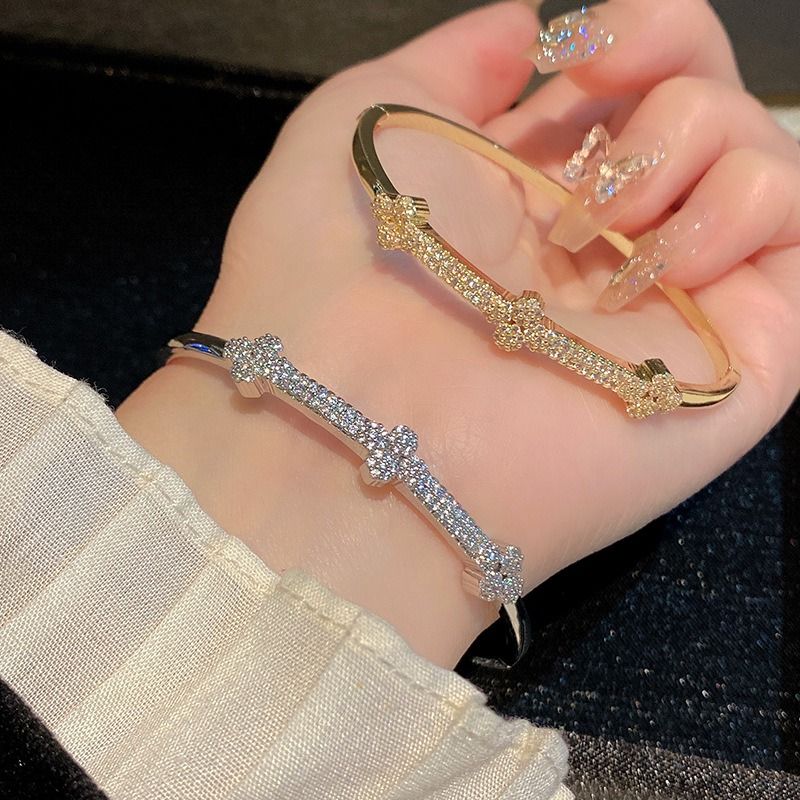 Gold & Rose Gold Plated Clover Cuff Bracelet Set, Cubic Zirconia Pave Statement Bracelets, Luxury Evening & Daily Jewelry_voghion.com