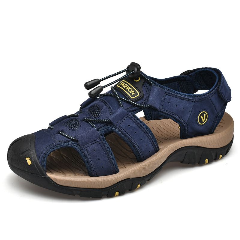 7239 Sandali da spiaggia da uomo estivi, grandi, con fascia in velcro, strato superiore in vera pelle, superficie in pelle di mucca._voghion.com