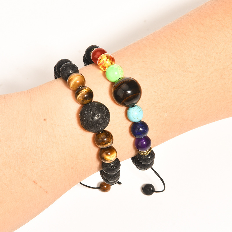 Juego de 2 pulseras de piedra volcánica ajustables con tejido de lava y ojo de tigre y cristal violeta_voghion.com