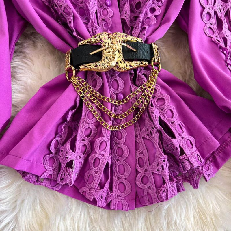 Damenbekleidung High-End-Anzug im Lady-Stil für Frauen, Spitzenhemd mit Haken und Blumenlaternenärmeln, dreiteiliger Anzug, hohe Taille, schmale Hose mit weitem Bein_voghion.com